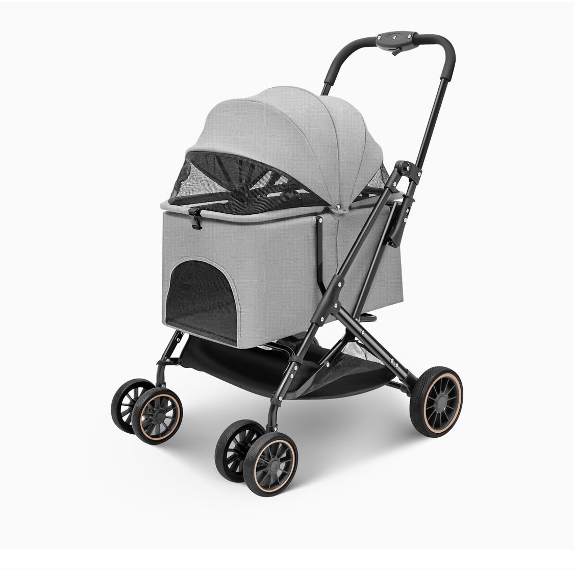 Dog Stroller with Durable Shock-Absorbing PU Wheels, Scratch Waterproof Fabric, One-Handed Folding, No Zipper, Dual Entry Ventilated Design(Grey)