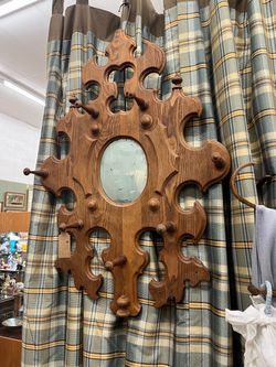 Antique Carved Wooden Wall Hat Rack Mirror