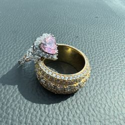 Silver Pink Sapphire Ring & 925 Diamond Yellow Gold Ring