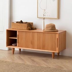 Wooden Storage Bench with Storage Sliding Doors Natural Pine Wood