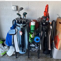 Golf Bags Plus More Storage Rack, Includes Two Golf Bags With Clubs.