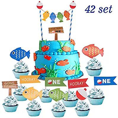Suppar 42 Set The Big One Cake Topper,Gone Fishing Bobber Cake Cupcake Toppers, Ofishally One 1st Birthday