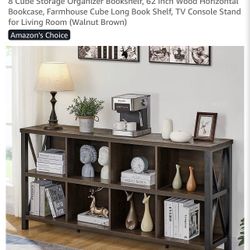 8 Cube Storage Organizer Bookshelf, 62 Inch Wood Horizontal Bookcase, Farmhouse Cube Long Book Shelf, TV Console Stand for Living Room (Walnut Brown)
