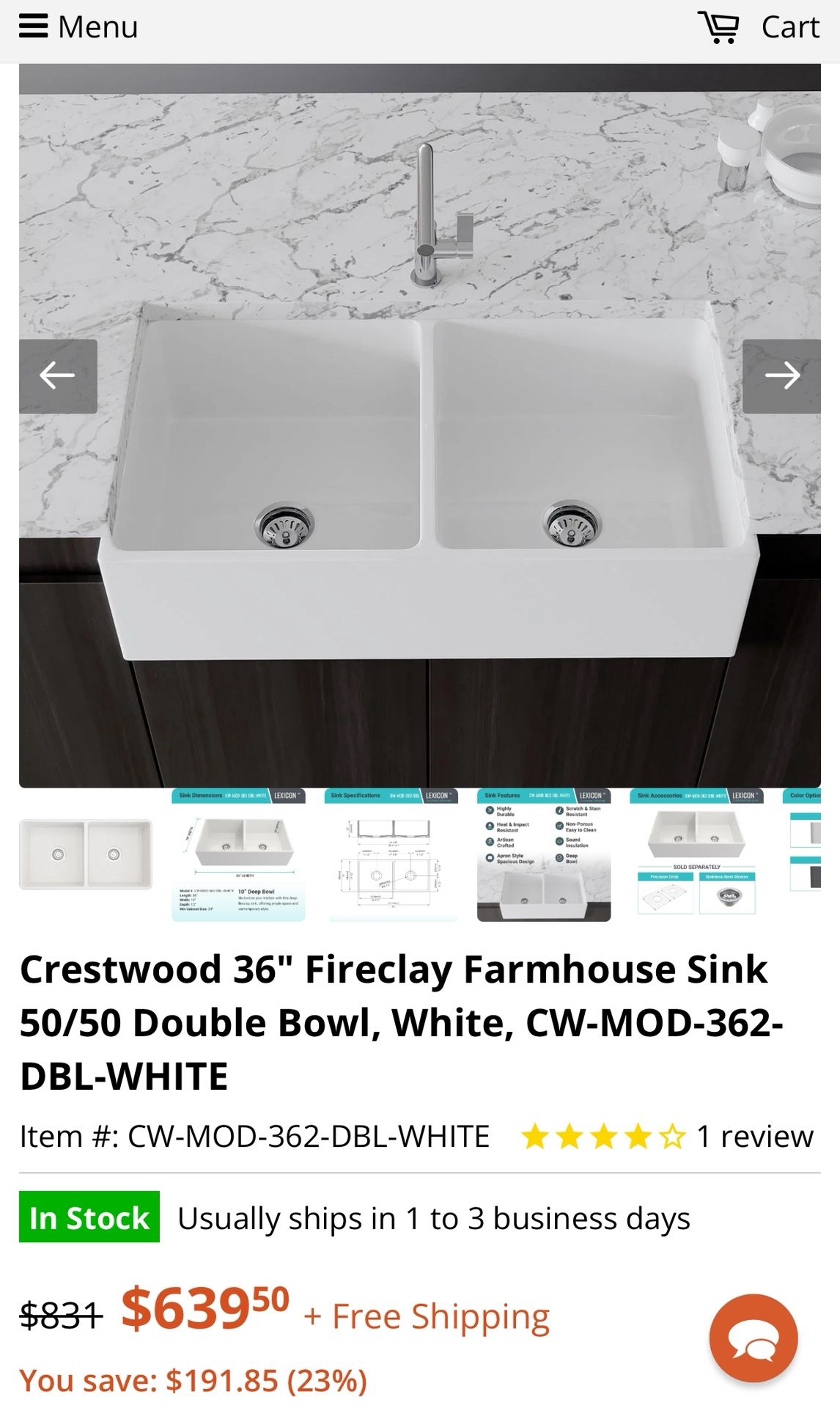 BRAND NEW SINK, Crestwood 36" Fireclay Farmhouse Sink 50/50 Double Bowl, White, CW-MOD-362-DBL-WHITE
