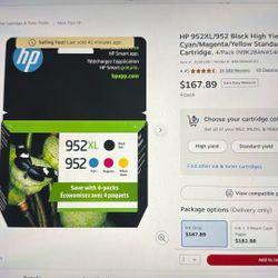 HP 952 XL /952 High Black Yield  and  Cyan, Magenta Yellow  Standard Ink Cartridge 4 Pack. NewNever Opened