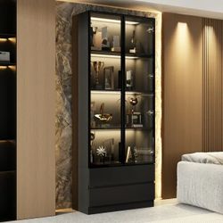 Bookcases Organizer with LED Lights, Heavy Duty Display Cabinet with Glass Door and 2 Drawers for Living Room, 31.5" Wide
