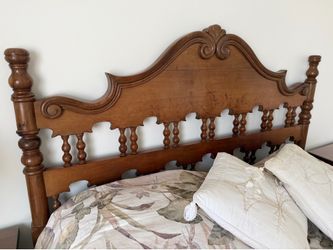 Wooden queen size bed, night tables, mattress and box spring