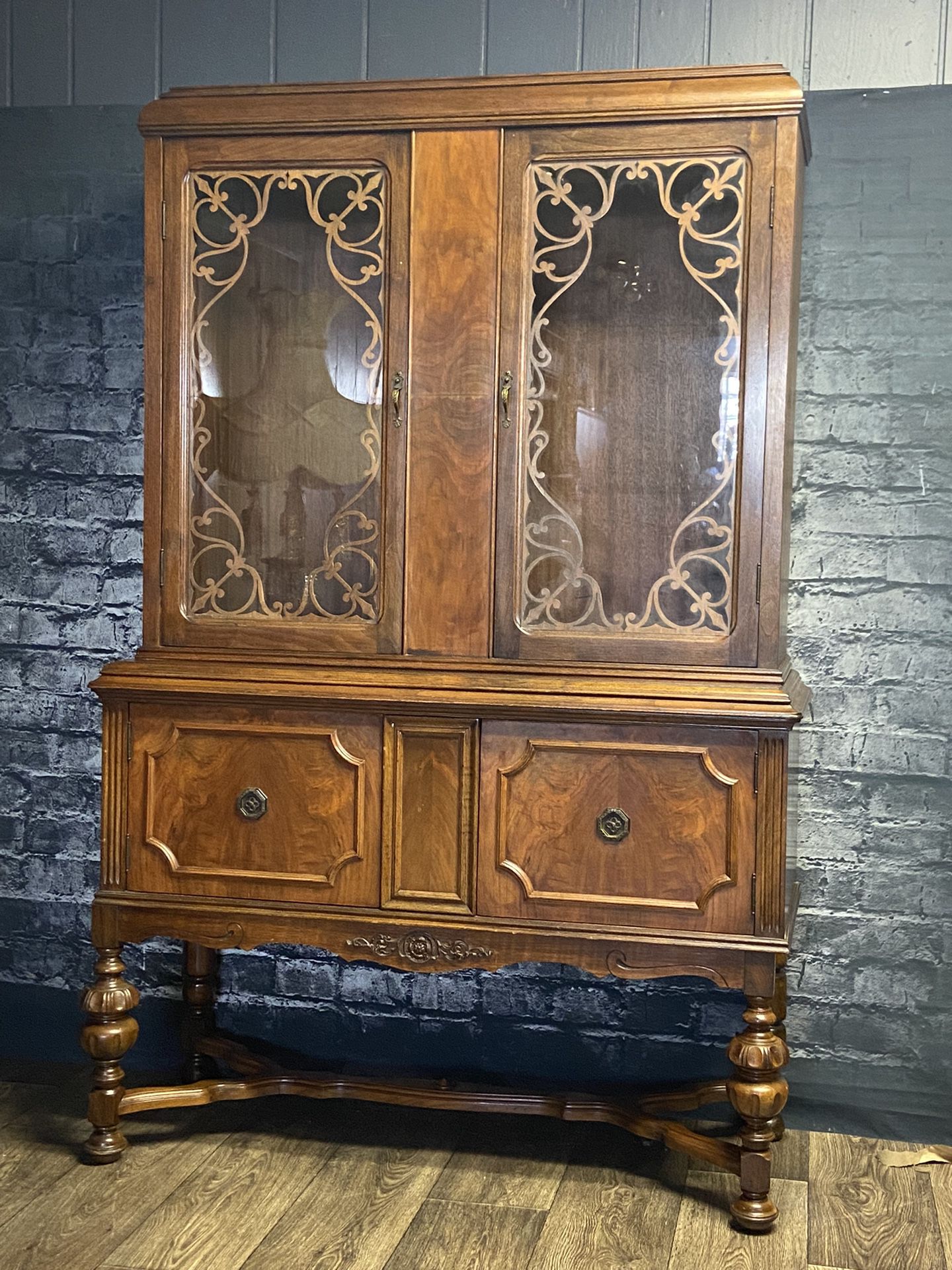Vintage Jacobean Style Wooden China Cabinet