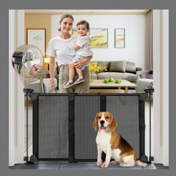 28" Tall No Drill Baby Gate No Bottom Bar, Sliding Dog Gate for Stairs No Drilling Expandable Baby Gate with Dual-Opening Walk Thru Door, 32-55" 