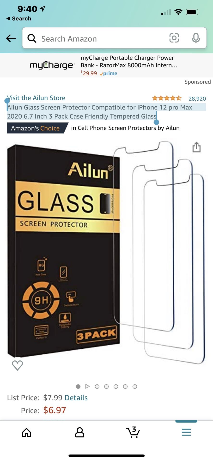 Ailun Glass Screen Protector Compatible for iPhone 12 pro Max 2020 6.7 Inch 3 Pack Case Friendly Tempered Glass