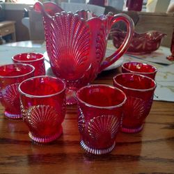 Dugan | Beaded Shell | Mosser vintage Red Carnival glass 7 piece water set

