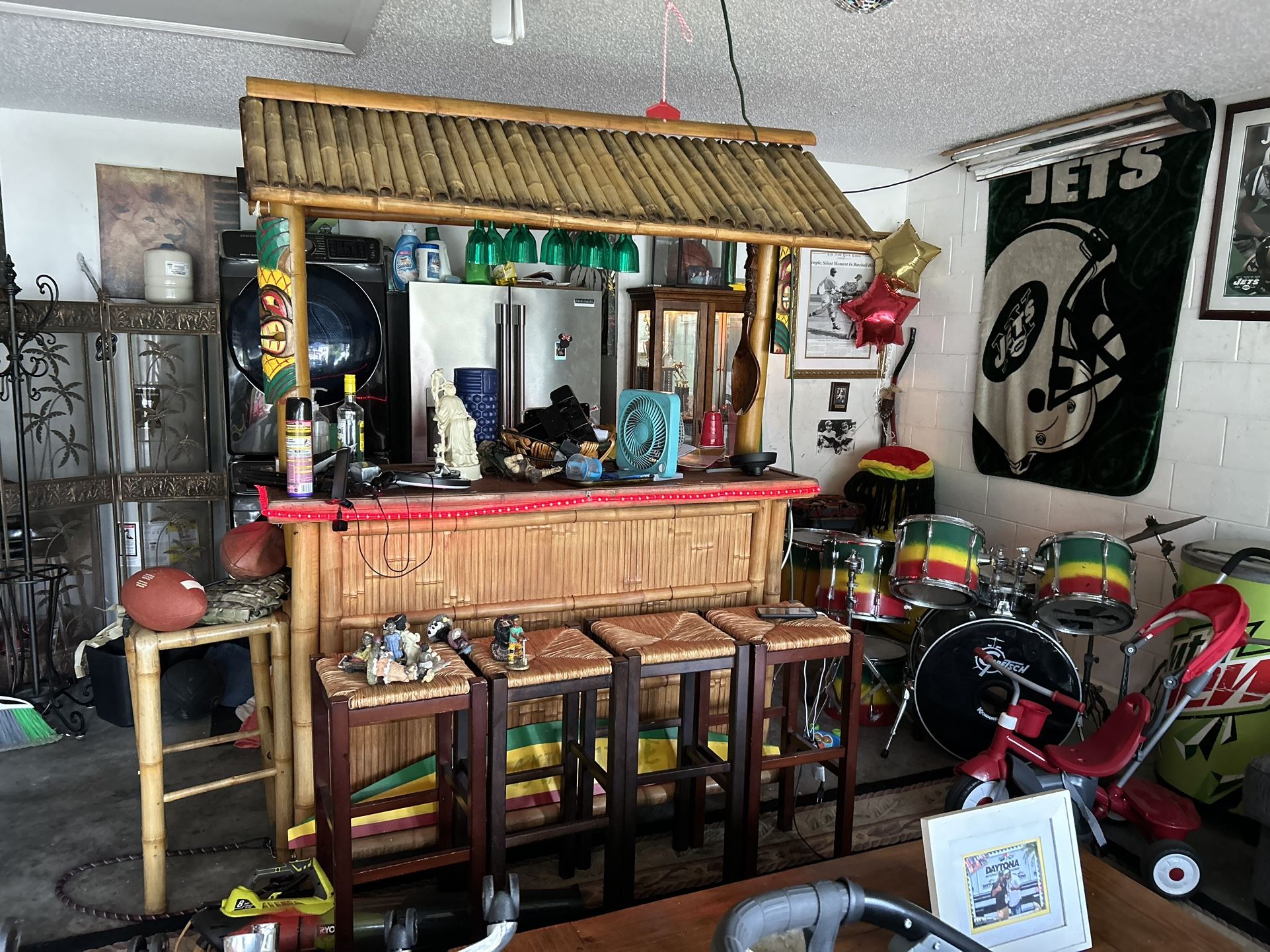 Real Tiki Bar With Two Bamboo Stools And 4 Other Stool