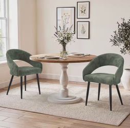 Set Of 2 Sabuk Grayish Green Chenille Upholstered Dining Chair Curved Backrest Metal Base Kitchen Chair