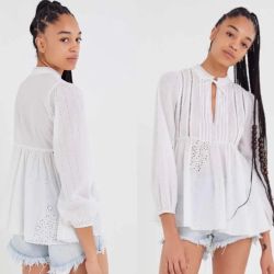 NWT UO Eva White Eyelet Long Balloon Sleeve Ruffled Plunge Neckline Blouse XS