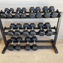 BRAND NEW 5-50 POUND RUBBER HEX DUMBBELL SET WITH STORAGE RACK FREE DELIVERY🚚