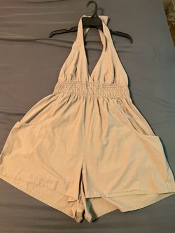 Beige Halter Neck Romper with Smocked Waist
