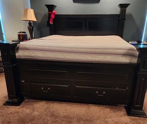 Black Wood Four-Poster King Bed Frame with Storage Drawers