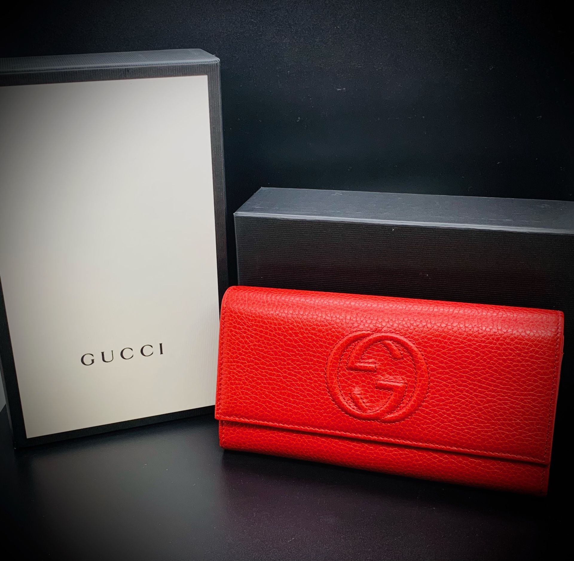 GUCCI 598206 A7M0G 6523 WOMEN'S RED CALF-SKIN LEATHER FLAP-CLOSURE WALLETS 