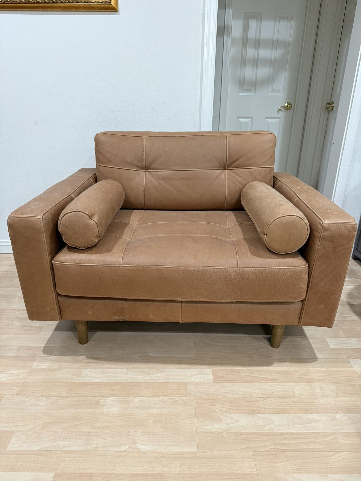 Brown / Beige Leather Loveseat