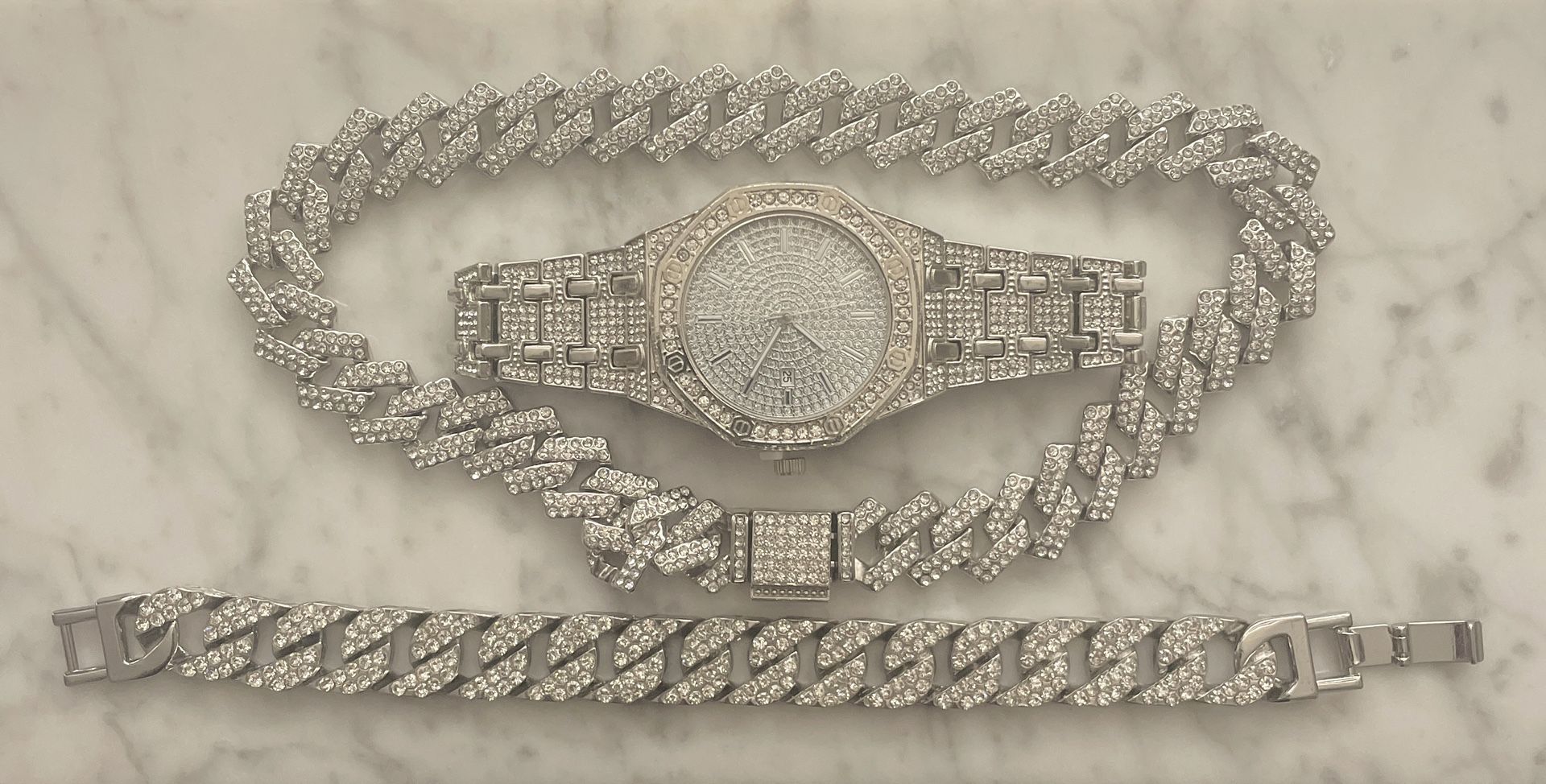 Iced Out Men’s Moissanite 3-Piece Set – Chain, Bracelet & Watch