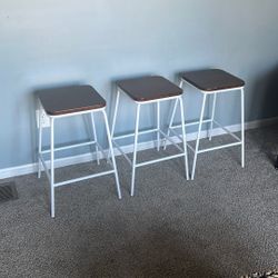  Set of 3 Modern Bar Stools – Wood & White Metal Frame
