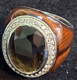 Sterling Silver Enamel Smokey Quartz Cocktail Ring Size 8 1/4"