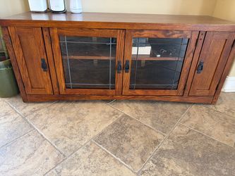TV STAND, Mission Style Wood TV Stand with Glass Doors