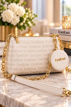 NWT bebe Warren Logo Crossbody Bag + Coin Purse White Gold MSRP $89