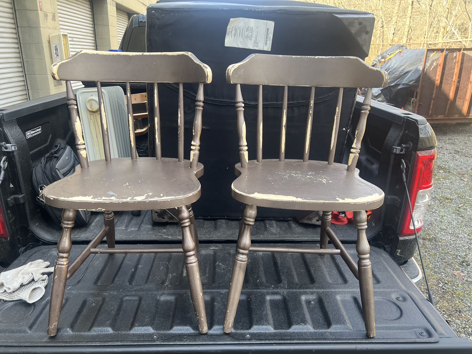 Two Vintage Wooden Spindle Back kitchen Chairs, base of chair 17 1/2”, back 30 1/2”, need refinished or repainted 
