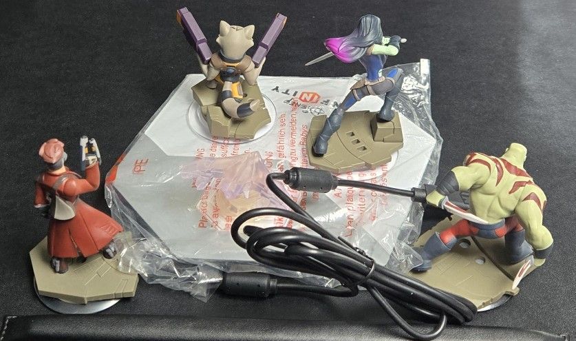 Disney Infinity Guardians of The Galaxy Figures Lot with Base Portal Gamora, Star Lord, Rocket, Drax The Destroyer, and GOTG Playset Crystal