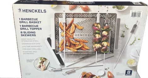 HENCKELS 8pc BBQ Tool Set Grill Basket/Topper & Skewers, Dishwasher Safe