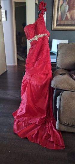 Red One-Shoulder Formal Gown with Rhinestone Waist