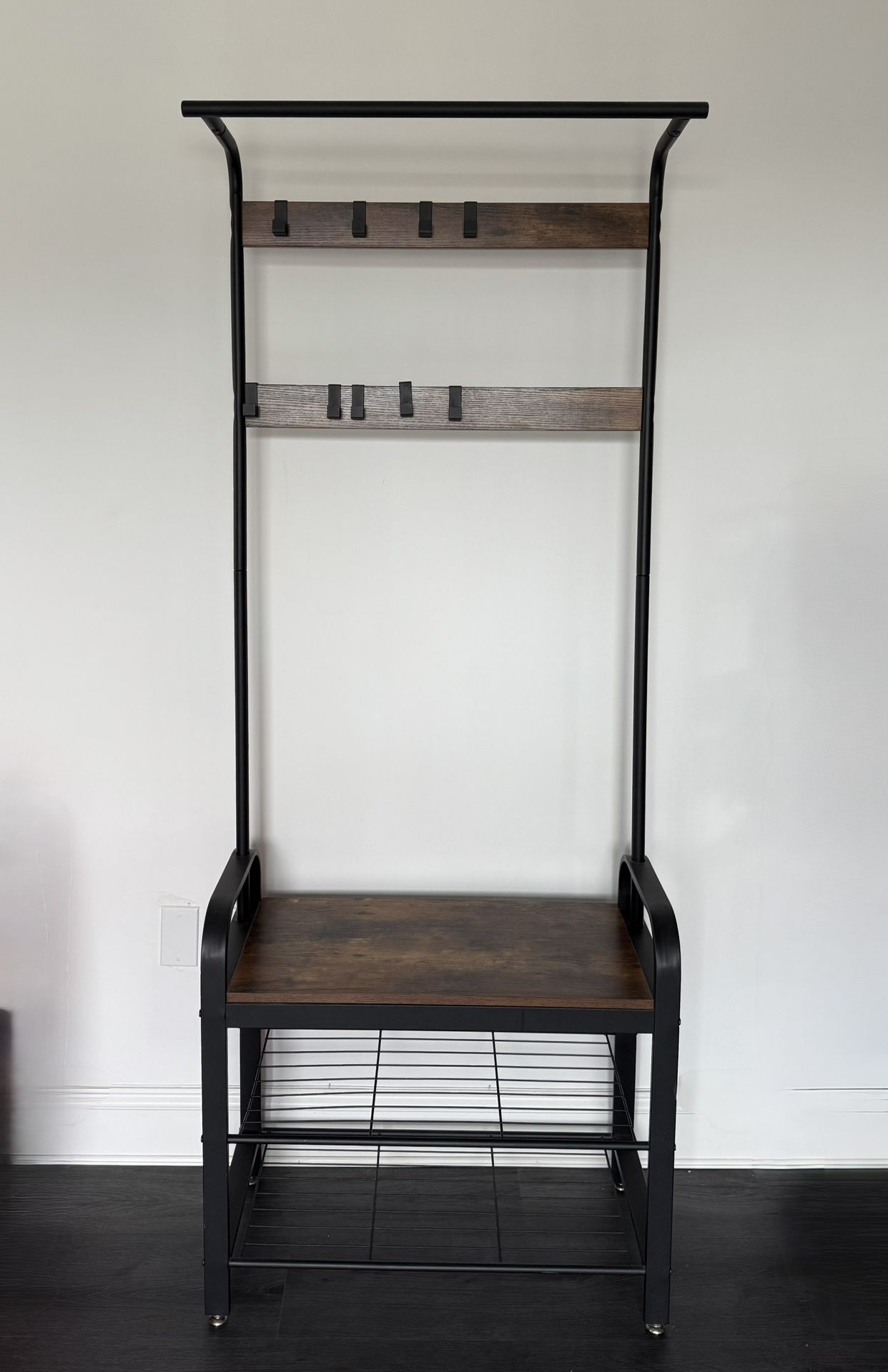Industrial Metal & Wood Hall Tree / Coat Rack with Bench & Hooks