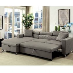 Gray Leatherette Sectional Sofa With Pullout 