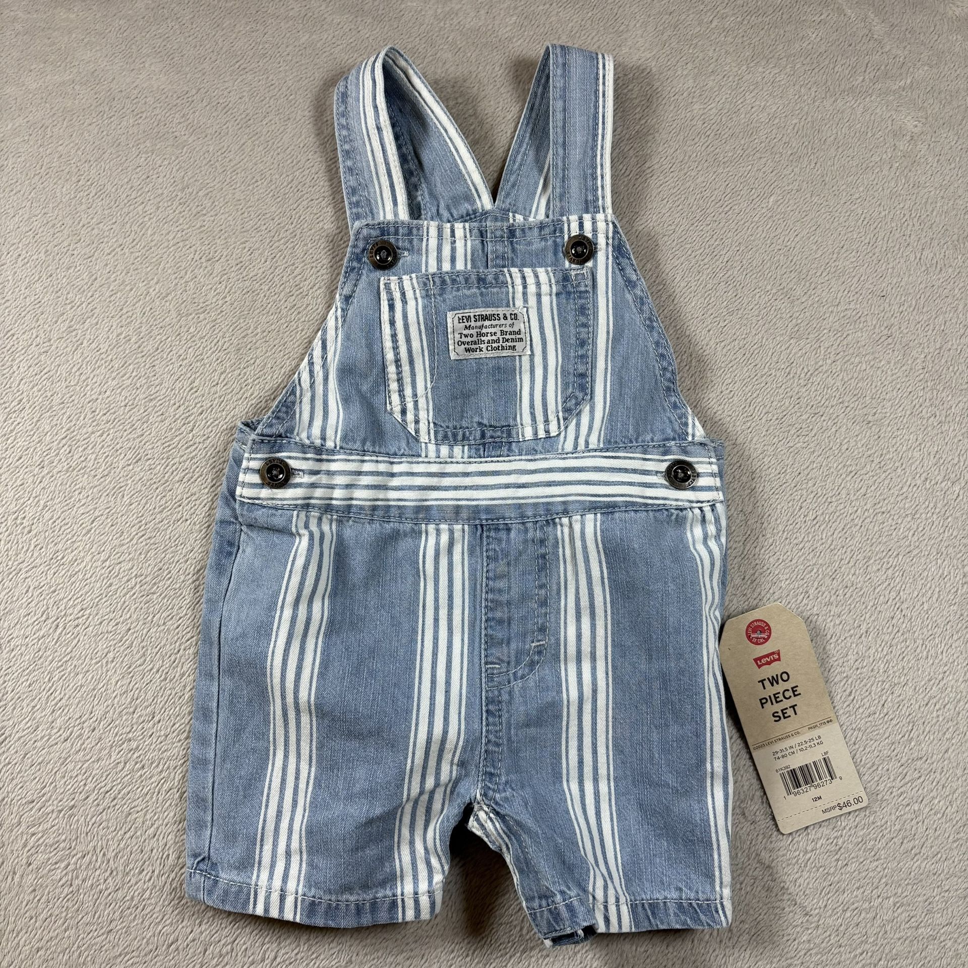 Levis Boys 12M Toddler Blue Striped Bibs Overall Denim Pocket NWT #3524
