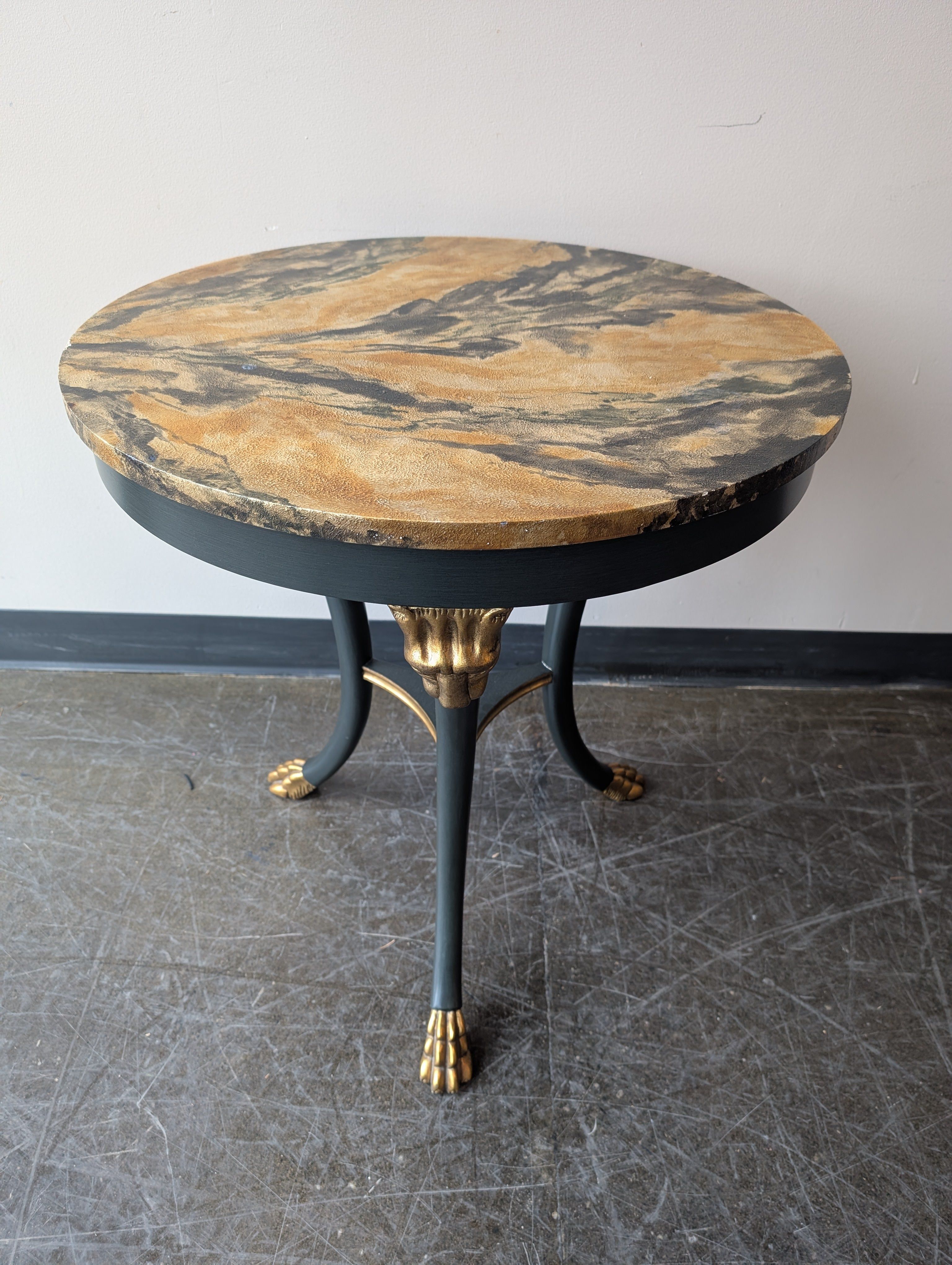 Decorative Round Bakers Furniture Accent Table with Faux Marble Top and Gilt Paw Feet