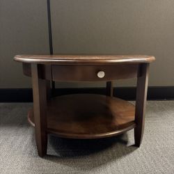 Round Coffee Table with Storage Drawer and Shelf (Mahogany Tone)