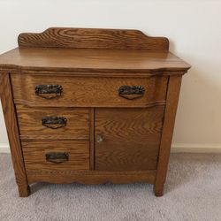 Antique Oak Wood Washstand, Dry Sink, Chest of Drawers, Cupboard, Cabinet,Dresser, 3 drawers, 1 door compartment, steel handles, 32”W x 32”H x 18”D, e