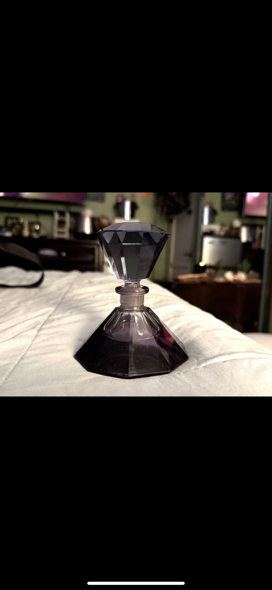 antique Art Deco crystal or glass perfume bottle, potentially a piece from a Czech manufacturer. T