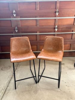 Set of 2 Brown Leather Bar Stools