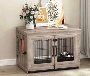 Piskyet Wooden Dog Crate Furniture with 360°Rotatable Removable Dog Bowls, Dog Crate End Table with Tray, Double Doors Dog Kennels for Dogs(L:37.7" L*