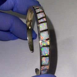 Sterling Silver Australian White Opal Inlaid Tennis  Bracelet Cuff Jewelry 