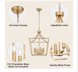 Gold Farmhouse Chandelier 6 Light Lantern Pendant Lighting Modern Dining Room Lighting Fixture Hanging Flush Mount Cage Ceiling Light Foyer Lights for