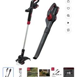 BRAND NEW IN BOX 2-PIECE CORDLESS STRING TRIMMER AND SWEEPER KIT wITH CHARGER AND BATTERY