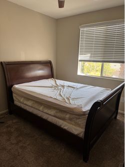 Free queen size bed, mattress, mattress pad and bed frame