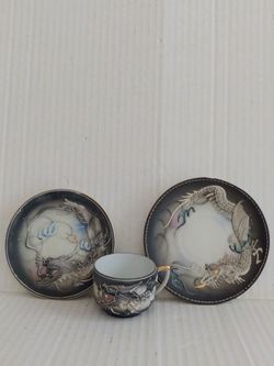 Dragon Motif Tea Cup & Two Saucers - Shofu China , Made In Occupied Japan