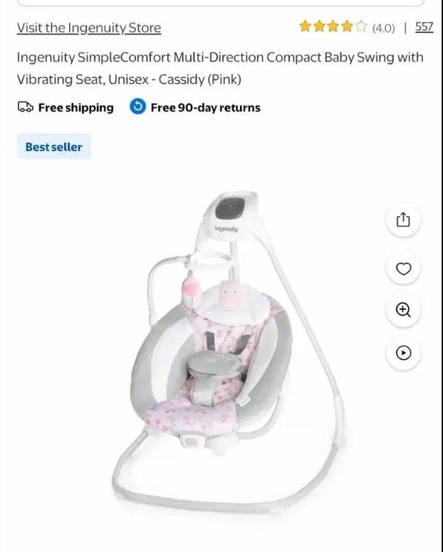 Ingenuity SimpleComfort Multi-Direction Compact Baby Swing with Vibrating Seat, Unisex - Cassidy (Pink)...NEW ...New Out of Box and Already Assembled
