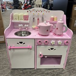 Pink Kids Kitchen Playset, Wooden Pretend Play Kitchen for Toddlers, 13 Pcs Cookware Utensils, Faucet, Stove, Storage Cabinet, Little Chef Toy Kitchen