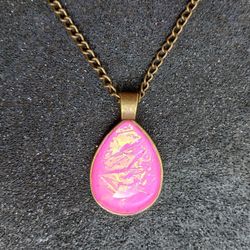 Pink faux triplet opal / dichroic glass teardrop pendant on 18" bronze necklace new handmade 