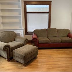 Matching Sofa, Chair, Ottoman Combo. Southwestern Style, Real Leather, & Studded Fabric, Like New!
